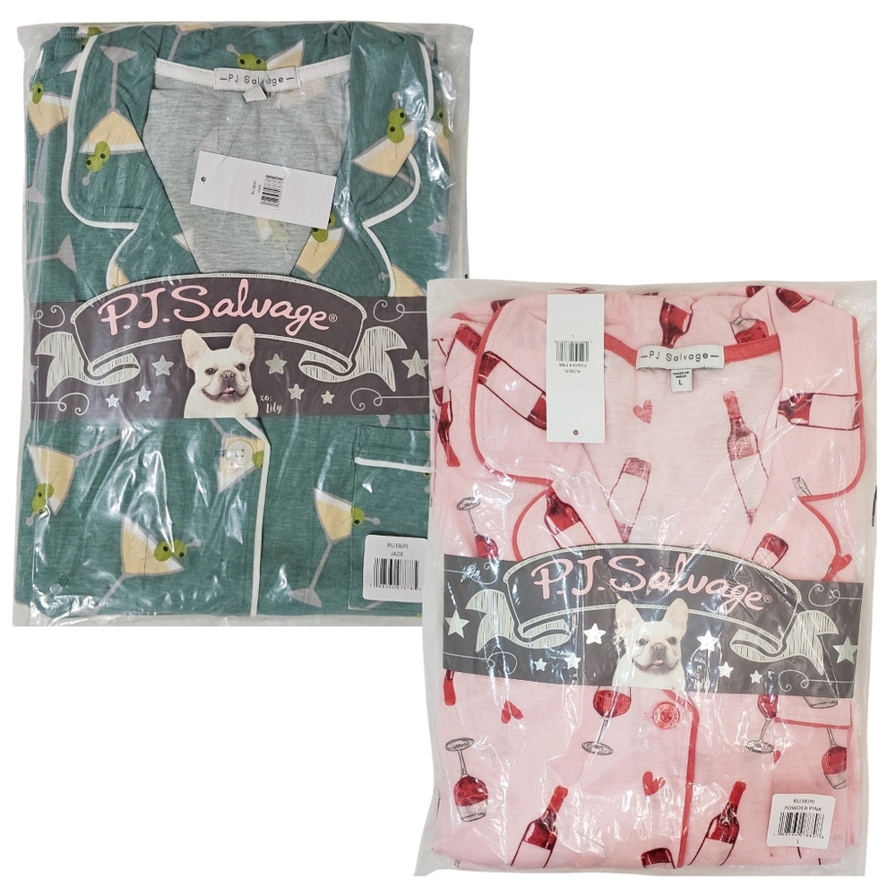 2 PJ Salvage Jersey Pajama Sets Wine/Martini Women Large Jade/Pink Top/Pants🍷🍸